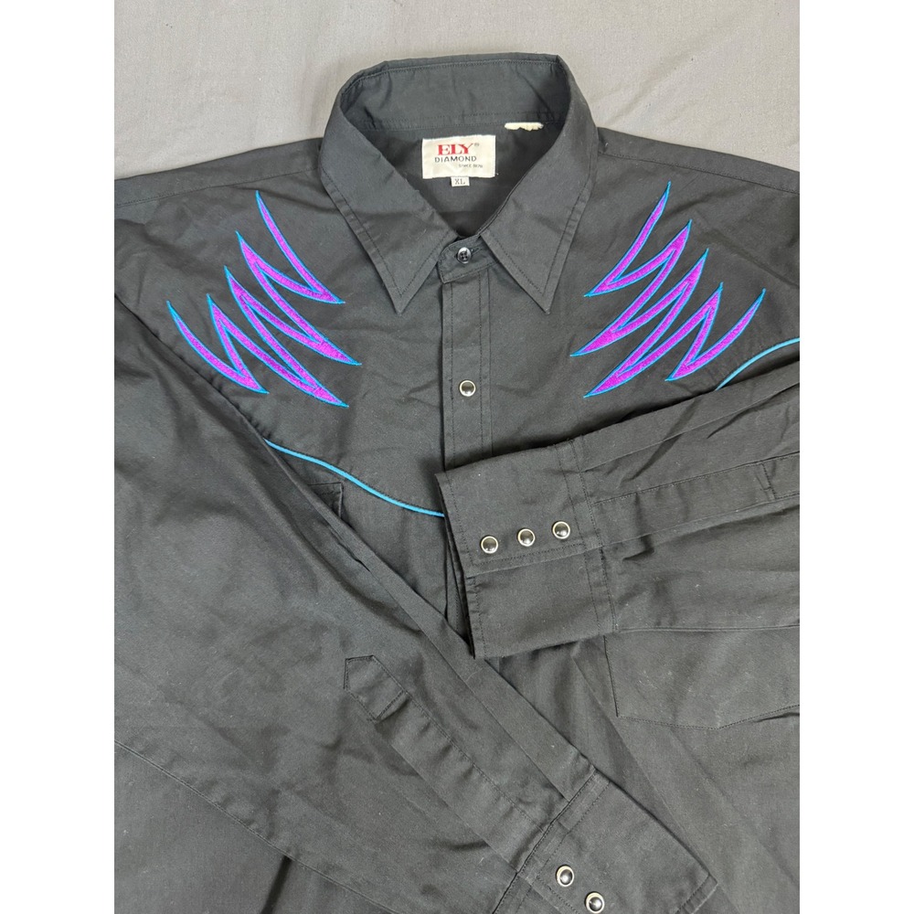 Ely Diamond Mens XL Black Western Pearl Snap Shirt Purple Teal Zig Zag